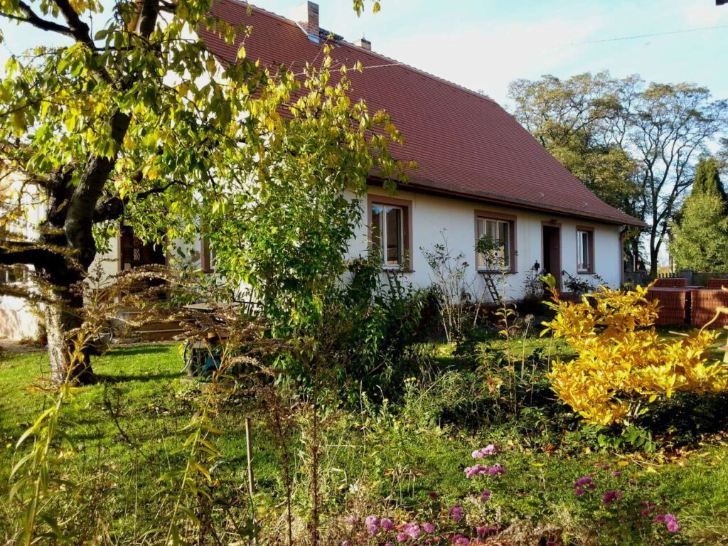 Wohnhaus umgeben von Bäumen und Sträuchern